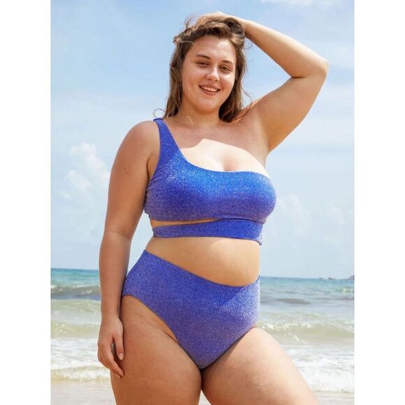 Berlook Lurex One Shoulder Bikini Top & High Waisted Bottoms Set Blue Size 16 - Picture 3 of 12